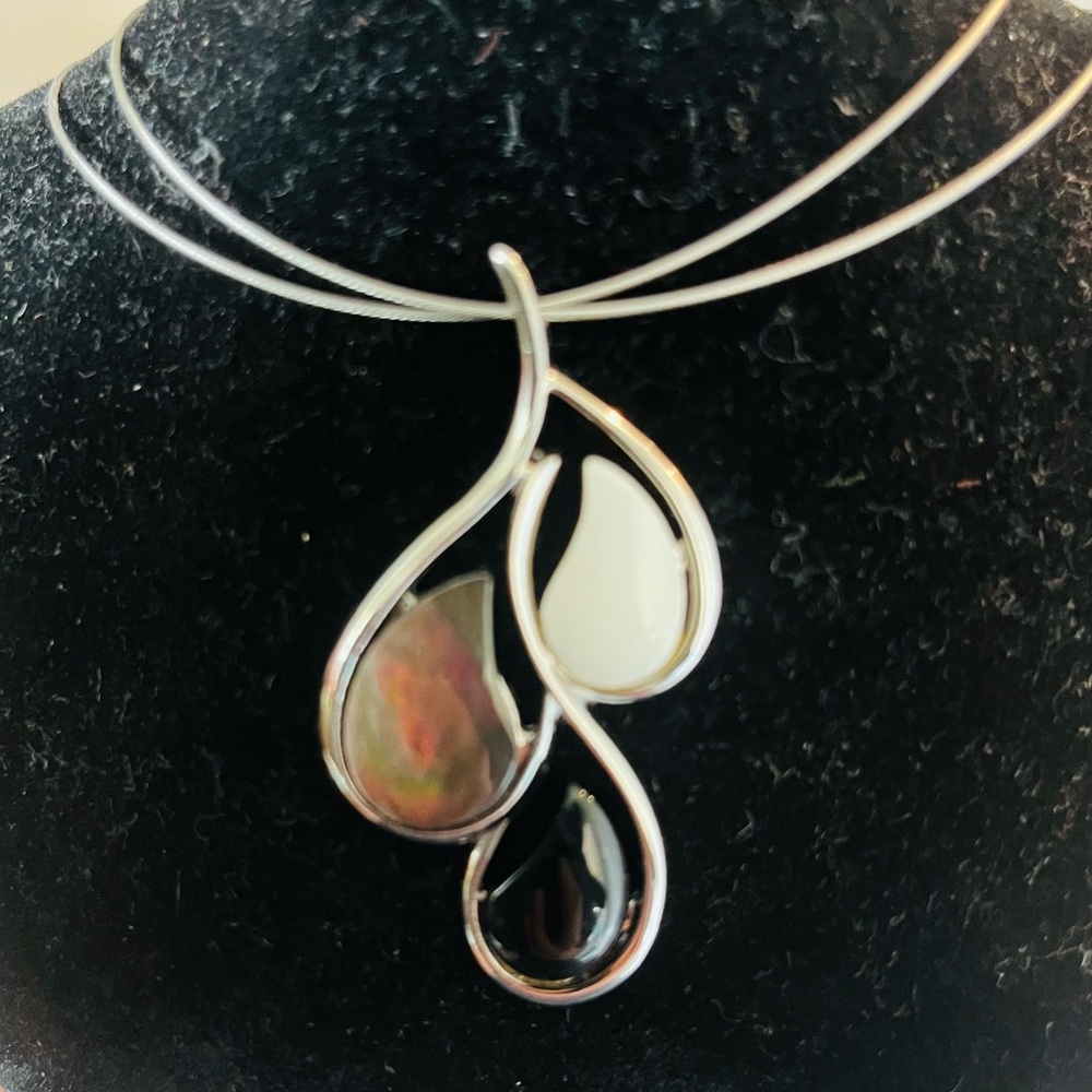 Lia Sophia Tear Drop Two Toned Silver and Black Abalone Mother of Pearl and Onyx - Picture 2 of 8